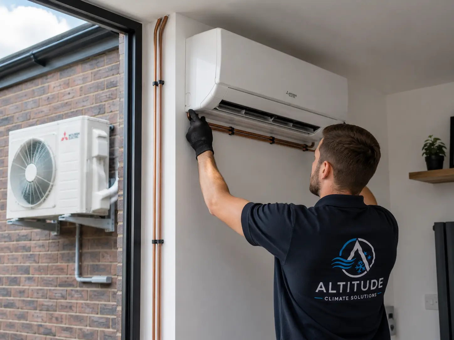Engineer servicing air conditioning equipment on site in Leicestershire.